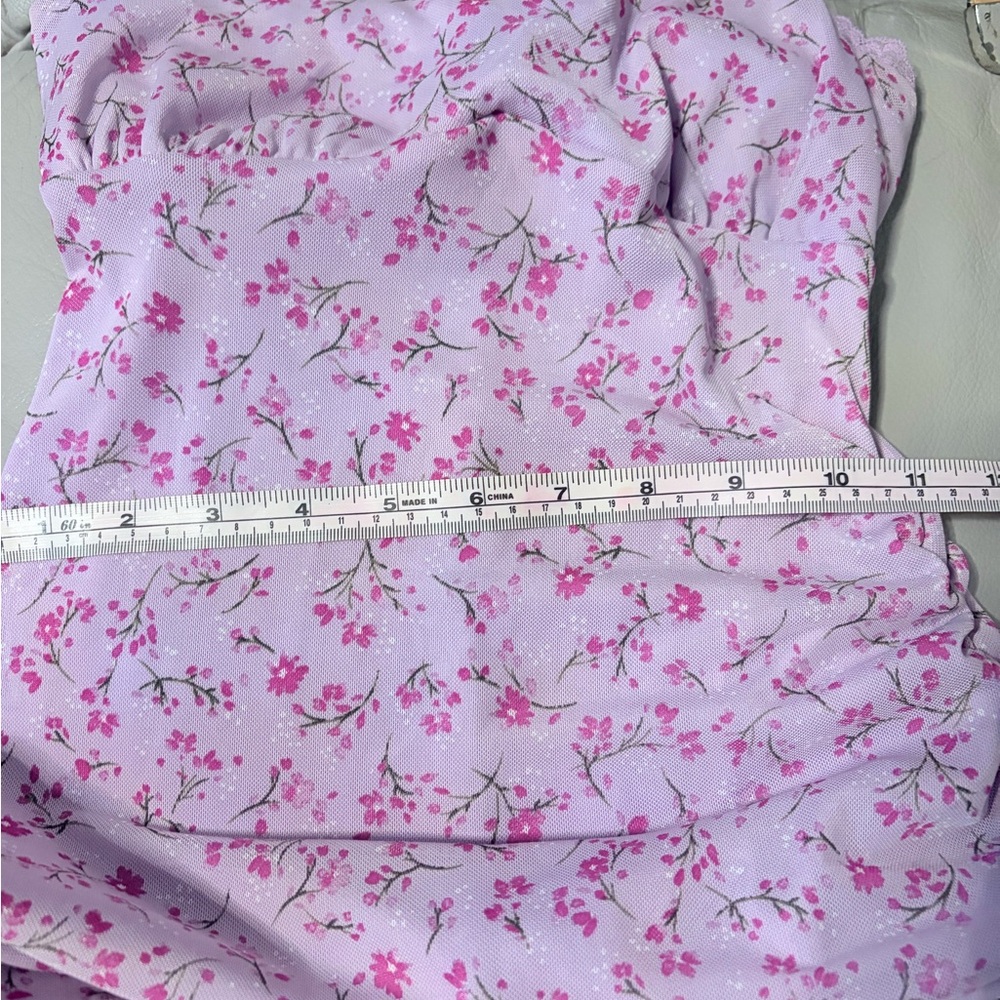 Lilac floral mini dress with asymmetrical ruffle trim adjustable straps sz xxs - Picture 9 of 12